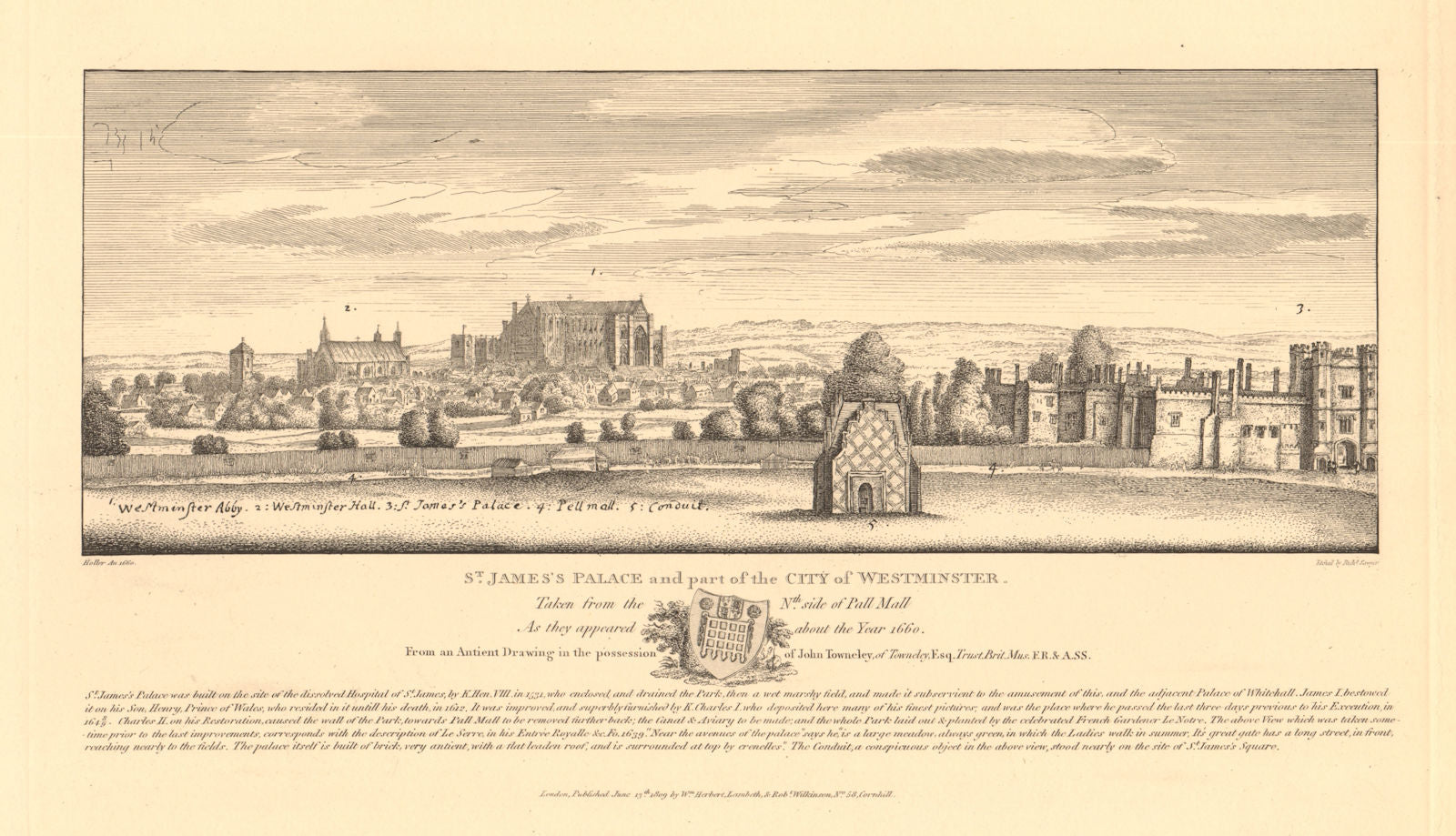 WESTMINSTER & ST JAMES'S PALACE in 1660 from Pall Mall. Hall Abbey. HOLLAR 1834